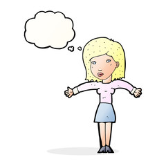 cartoon woman shrugging shoulders with thought bubble