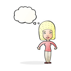 cartoon woman shrugging shoulders with thought bubble