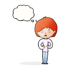 cartoon woman making Who Me? gesture with thought bubble