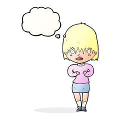 cartoon woman making Who Me? gesture with thought bubble