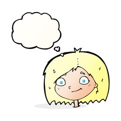 cartoon happy female face with thought bubble