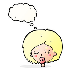cartoon woman with eyes closed with thought bubble