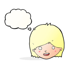 cartoon happy female face with thought bubble