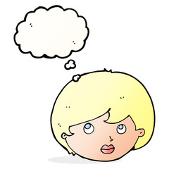 cartoon female face looking upwards with thought bubble