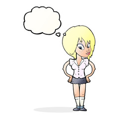 cartoon woman with hands on hips with thought bubble