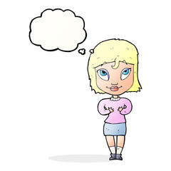cartoon woman gesturing at self with thought bubble