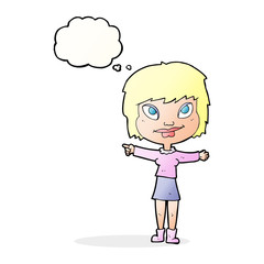 cartoon woman pointing with thought bubble