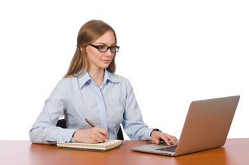 Office employee at work table isolated on white