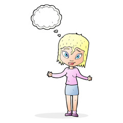 cartoon woman shrugging shoulders with thought bubble