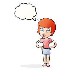 cartoon woman with hands on hips with thought bubble