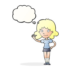 cartoon woman waving with thought bubble