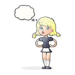 cartoon happy waitress woman with thought bubble