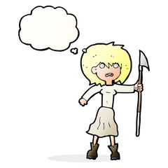cartoon woman with harpoon with thought bubble