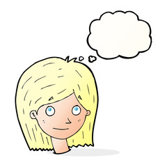 cartoon happy female face with thought bubble