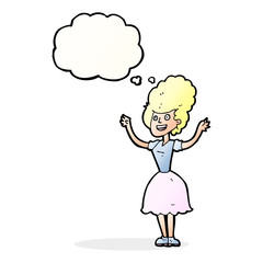 cartoon happy 1950's woman with thought bubble