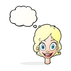 Cartoon happy woman with thought bubble