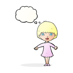 cartoon woman in dress with thought bubble