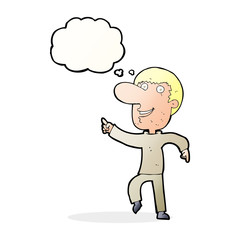 cartoon happy man dancing with thought bubble