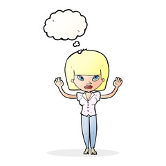 cartoon woman with raised hands with thought bubble