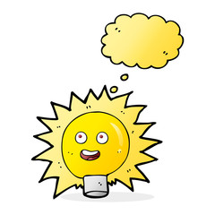 cartoon electric light bulb with thought bubble