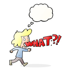 cartoon woman shouting what with thought bubble