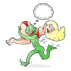 cartoon swamp monster carrying girl in bikini with thought bubbl