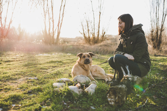 Woman Enjoying a Winter Day with Her Dog in the Forest