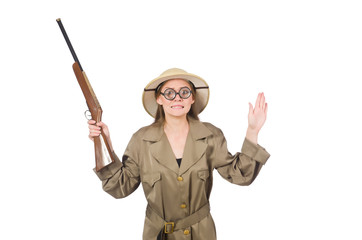 Woman wearing safari hat on white