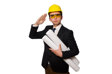 Funny architect with drawings on white