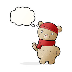 cartoon teddy bear in winter hat and scarf with thought bubble