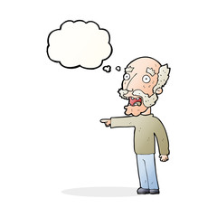 cartoon scared old man pointing with thought bubble