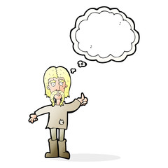 cartoon hippie man giving thumbs up symbol with thought bubble