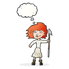cartoon woman with spear with thought bubble