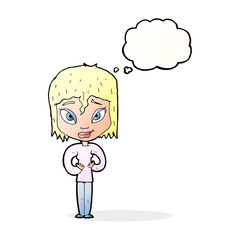 cartoon satisfied woman with thought bubble