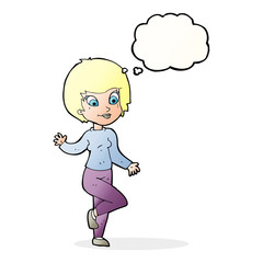 cartoon woman waving with thought bubble