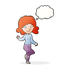 cartoon friendly woman waving with thought bubble