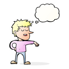 cartoon man making dismissive gesture with thought bubble