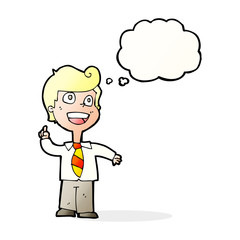 cartoon school boy raising hand with thought bubble