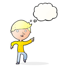 cartoon happy pointing with thought bubble