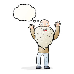 cartoon frightened old man with beard with thought bubble