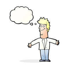 cartoon happy man with open arms with thought bubble