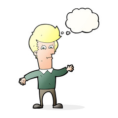 cartoon waving man with thought bubble