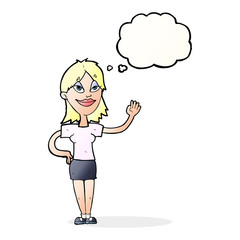 cartoon woman waving with thought bubble