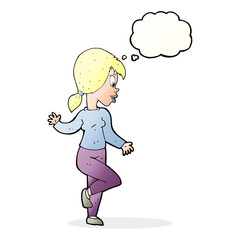 cartoon woman waving with thought bubble