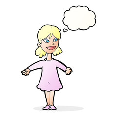 cartoon woman with open arms with thought bubble