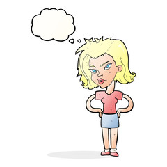 cartoon woman with hands on hips with thought bubble