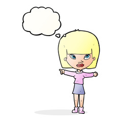 cartoon woman pointing with thought bubble