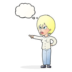 cartoon woman accusing with thought bubble