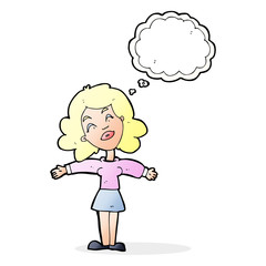 cartoon woman with open arms with thought bubble