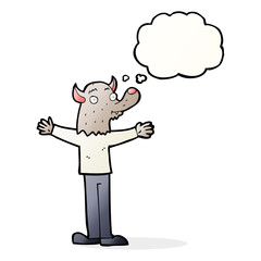 cartoon friendly werewolf with thought bubble